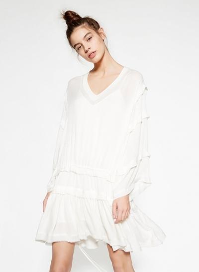 Oasap V Neck Long Sleeve Loose Mini Pleated Dress