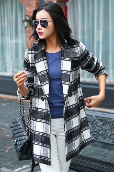 Oasap Classical Plaid Notch Lapel Double Breasted Longline Coat