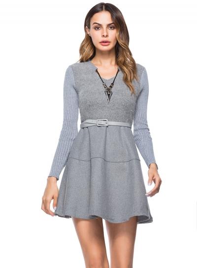 Oasap Long Sleeve Splicing Solid Color Dress