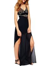 Oasap Women Floral Embroidery Print Spaghetti Strap Side Cut-out Chiffon Dress