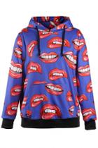 Oasap Novelty Lip Teeth Pattern Drawstring Hooded Sweatshirt