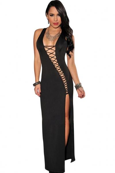 Oasap Black Open Cut-out Slit Slender Evening Dress