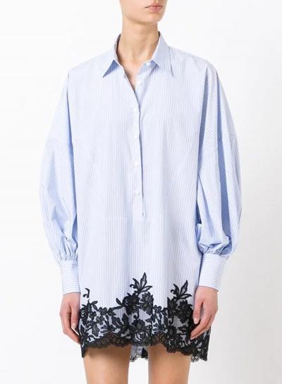 Oasap Striped Basic Collar Long Sleeve Lace-trimmed Button Down Shirt Dress