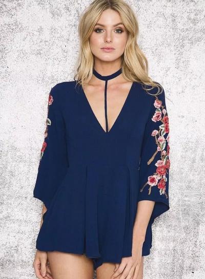 Oasap Vintage V Neck Floral Embroidery Romper