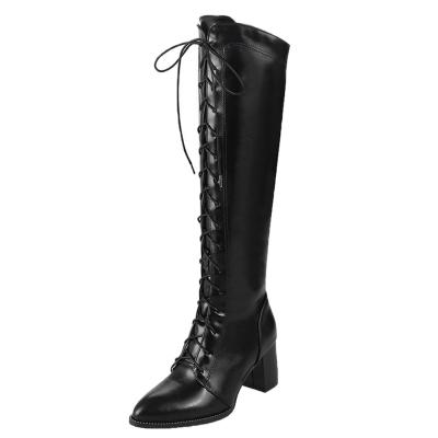 Oasap Solid Color Pointed Toe Block Heels Lace Up Knee High Boots