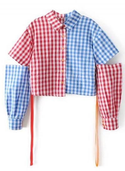 Oasap Turn Down Collar Plaid Splicing Button Down Shirt
