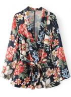 Oasap Long Sleeve Floral Print Open Front Loose Coat