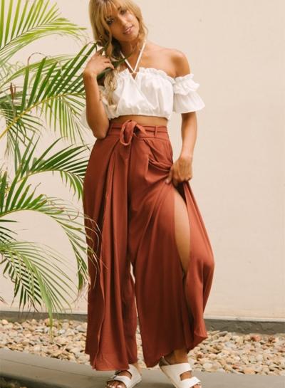 Oasap High Waist High Slit Wide-leg Pants With Belt