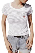 Oasap Women's Fashion Cherry Embroidery Striped Pullover Short Sleeve Tee