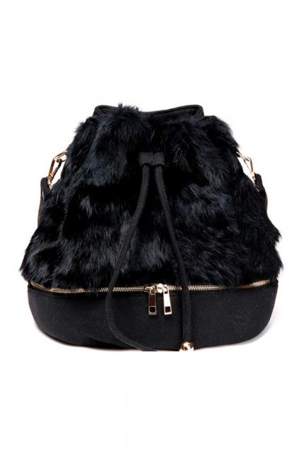Oasap Black Rabbit Hair Detail Drawstring Bucket Bag