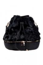 Oasap Black Rabbit Hair Detail Drawstring Bucket Bag