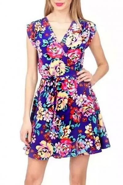 Oasap Floral Print Surplice Front Mini Dress