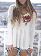 Oasap V Neck Long Sleeve Floral Embroidery Tee
