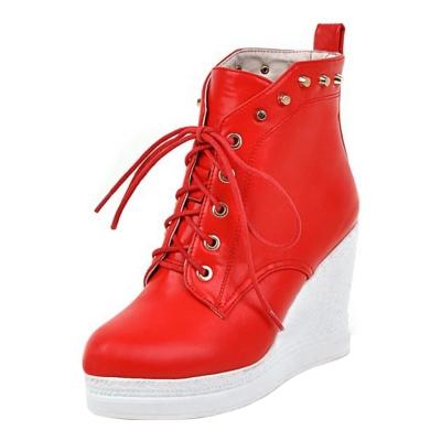 Oasap Round Toe Lace Up Wedge Heels Boots With Rivet