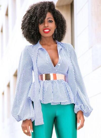 Oasap Fashion Plaid V Neck Lantern Sleeve Peplum Blouse