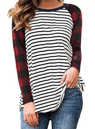 Oasap Round Neck Plaid Sleeve Striped Splicing Tee Shirt