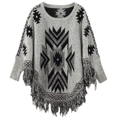 Oasap Women's Geometric Batwing Sleeve Tasseled Pullover Sweater