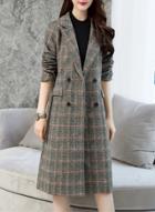 Oasap Turn Down Collar Long Sleeve Plaid Double Breasted Coat