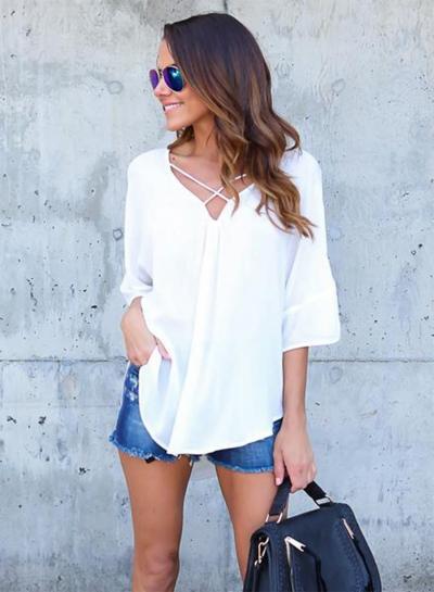 Oasap V Neck Criss Cross Backless Chiffon Blouse