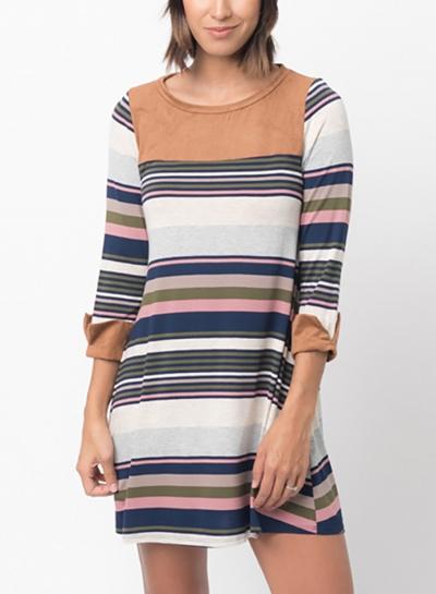 Oasap Round Neck Striped Printed Three Quarter Length Sleeve Dress