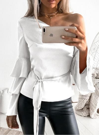 Oasap One Shoulder Flare Sleeve Solid Color Blouse With Belt