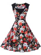 Oasap Vintage Halloween Floral Skull A-line Dress
