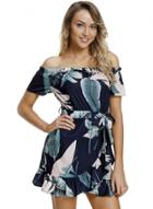 Oasap Tropical Leaf Print Navy Off Shoulder Summer Dress