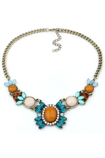 Oasap Coffee Rhinestone Deco Faux Stone Foliage Bib Necklace
