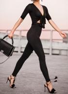 Oasap V Neck Half Sleeve Knot Front Jumpsuit