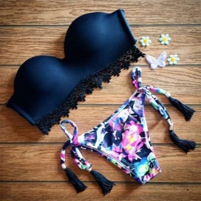 Oasap Strapless Lace Panel Floral Print Bikini Set