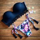 Oasap Strapless Lace Panel Floral Print Bikini Set