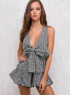 Oasap Deep V Neck Seeveless Front Bow Plaid Romper