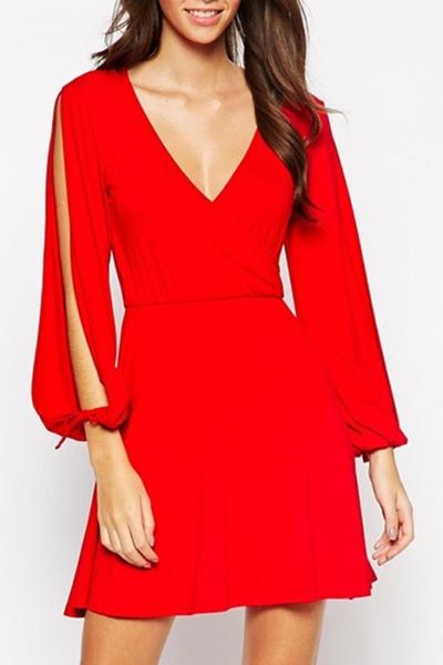 Oasap Hot Deep V Slit Sleeve Wrap Trapeze Dress