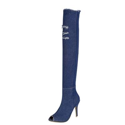 Oasap Peep Toe Side Zipper Stiletto Heels Over-the-knee Denim Boots