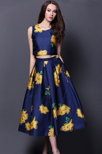 Oasap Tank Top Navy Floral Skirt Set