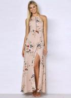Oasap Elegant Halter Neck Floral Print Maxi Dress