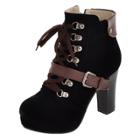 Oasap Buckle Strap Color Block Round Toe Block Heels Boots