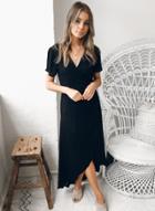 Oasap Fashion Sexy Pure Color Asymmetry Short Sleeve V Neck Long Dress