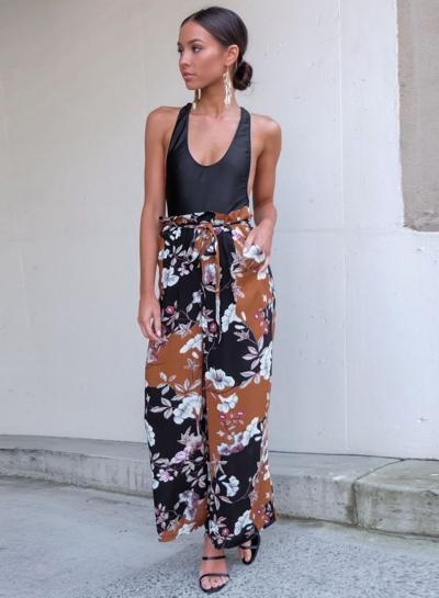 Oasap High Waist Floral Print Belt Straight Pants