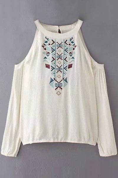 Oasap National Wind Embroidery Cut-our Shoulder Blouse