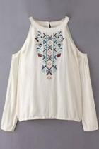 Oasap National Wind Embroidery Cut-our Shoulder Blouse