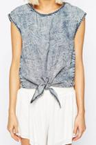 Oasap Retro Denim Bow Tie Slit Back Top