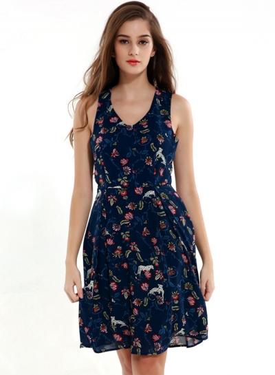 Oasap V Neck Floral Print Sleeveless Dress
