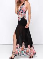 Oasap Women's Halter Sleeveless Backless Floral Print Boho Maxi Dress