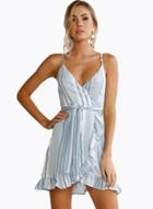 Oasap Spaghetti Strap V Neck Flounce Panel Striped Dress