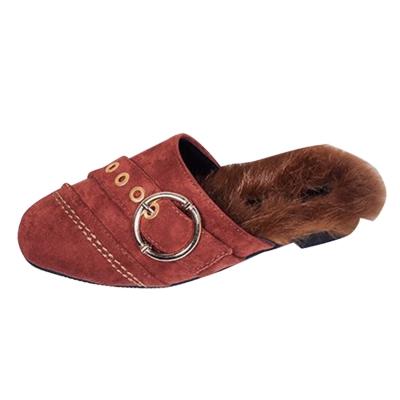 Oasap Rabbit Hair Square Toe Buckle Slippers