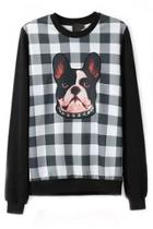 Oasap Bulldog Pattern Plaid Sweatshirt