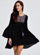 Oasap Pattern Embroidery Flare Sleeve Dress With Tassel