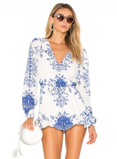 Oasap V Neck Long Sleeve Blue And White Porcelain Romper