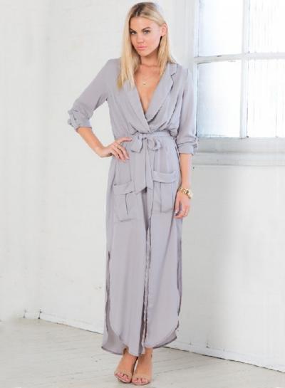 Oasap V Neck Long Sleeve Solid Slit Dress